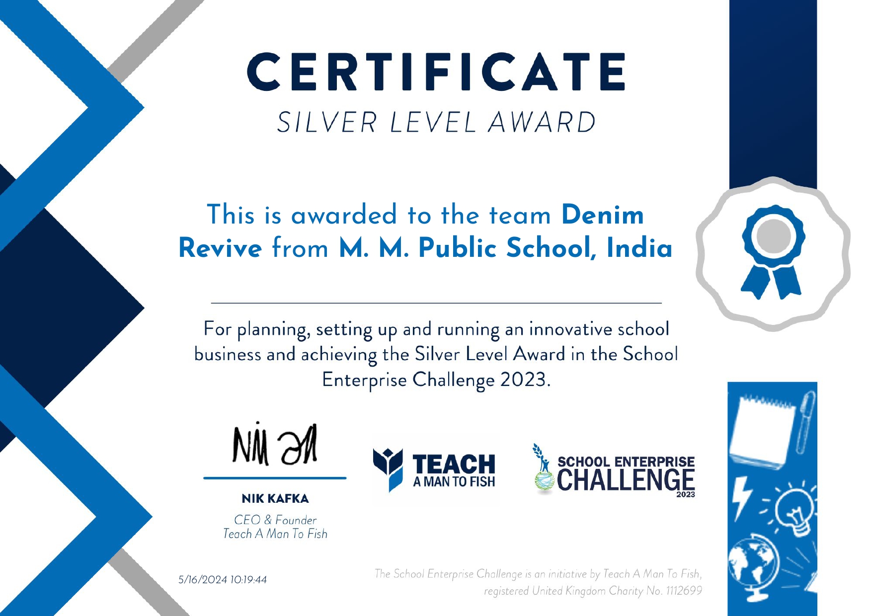 Silver Level Award in School Enterprise Challenge 2023