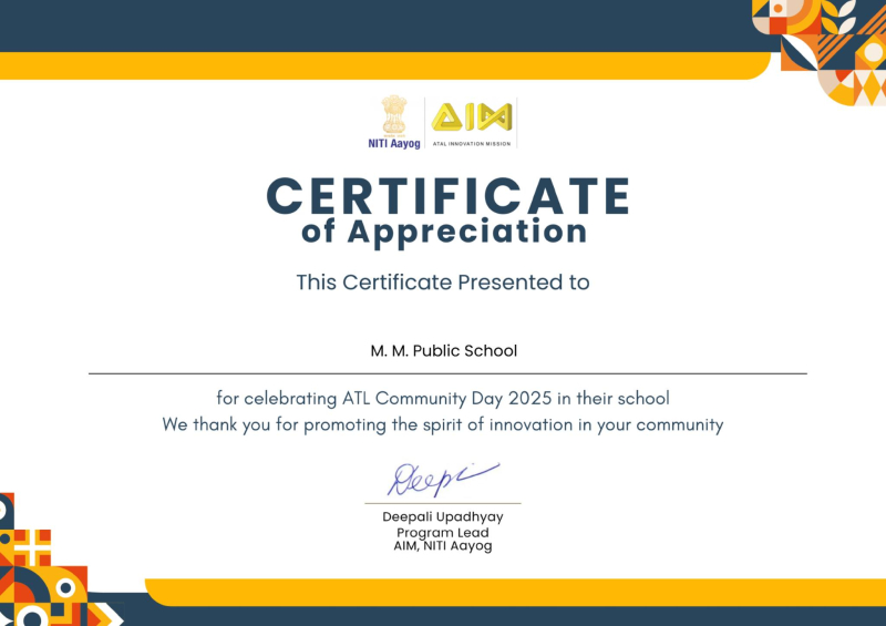 Appreciated with a certificate for ATL Community Day celebration by Niti Aayog