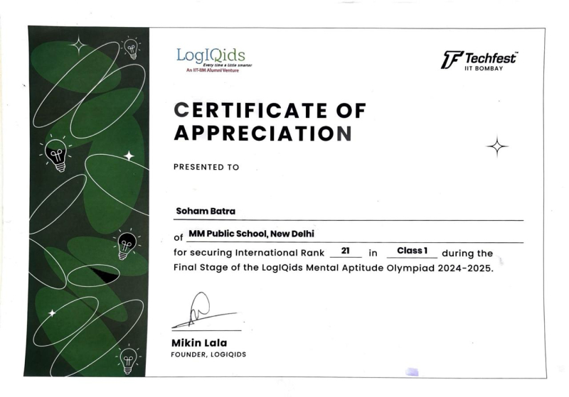 LOGIQIDS Mental Aptitude Olympiad Winners