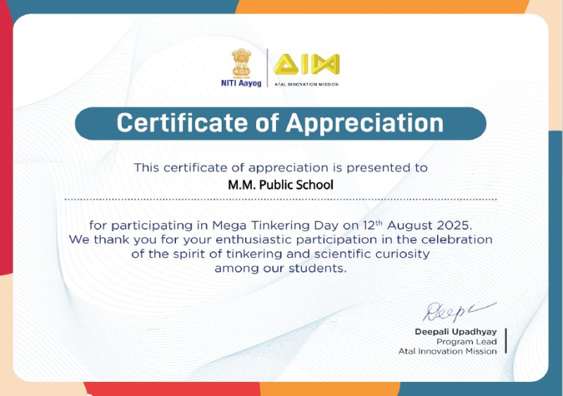 M.M. Public School Honoured with Certificate of Appreciation on Mega Tinkering Day 2025