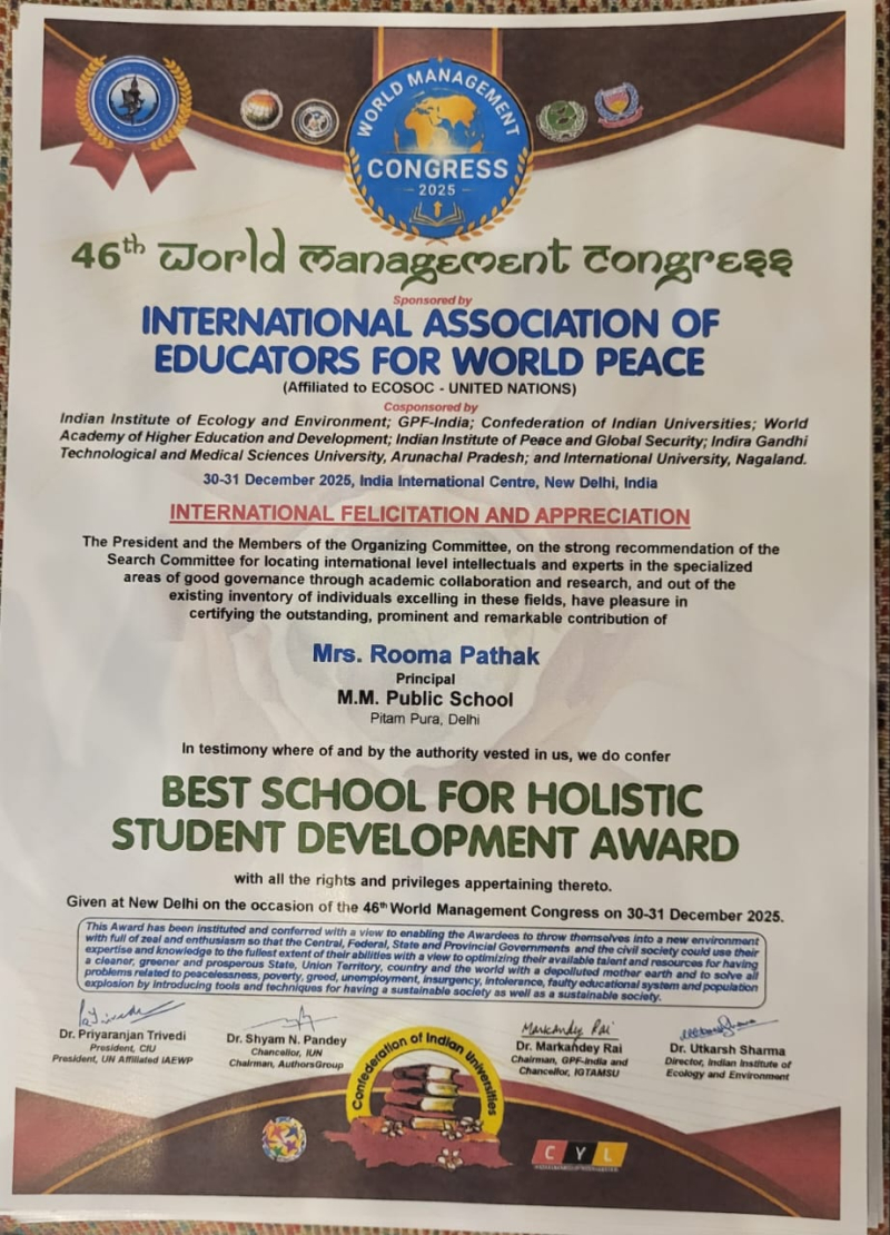 M.M. Public School Honoured with “Best School for Holistic Student Development Award”