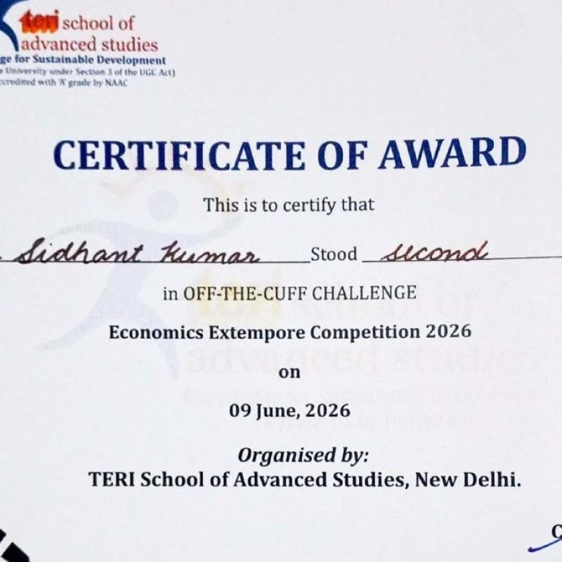 Second Position in Economics Extempore Competition 2026 organised by TERI School of Advanced Studies